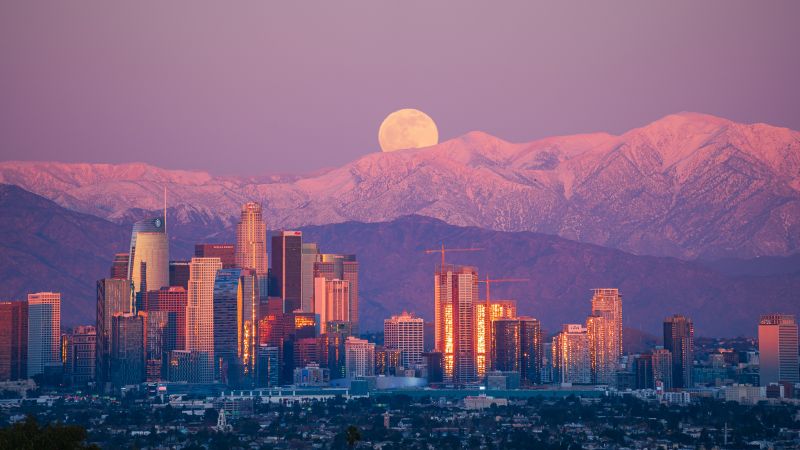 Downtown Los Angeles Moonrise At Sunset Winter Snowcapped Mountains